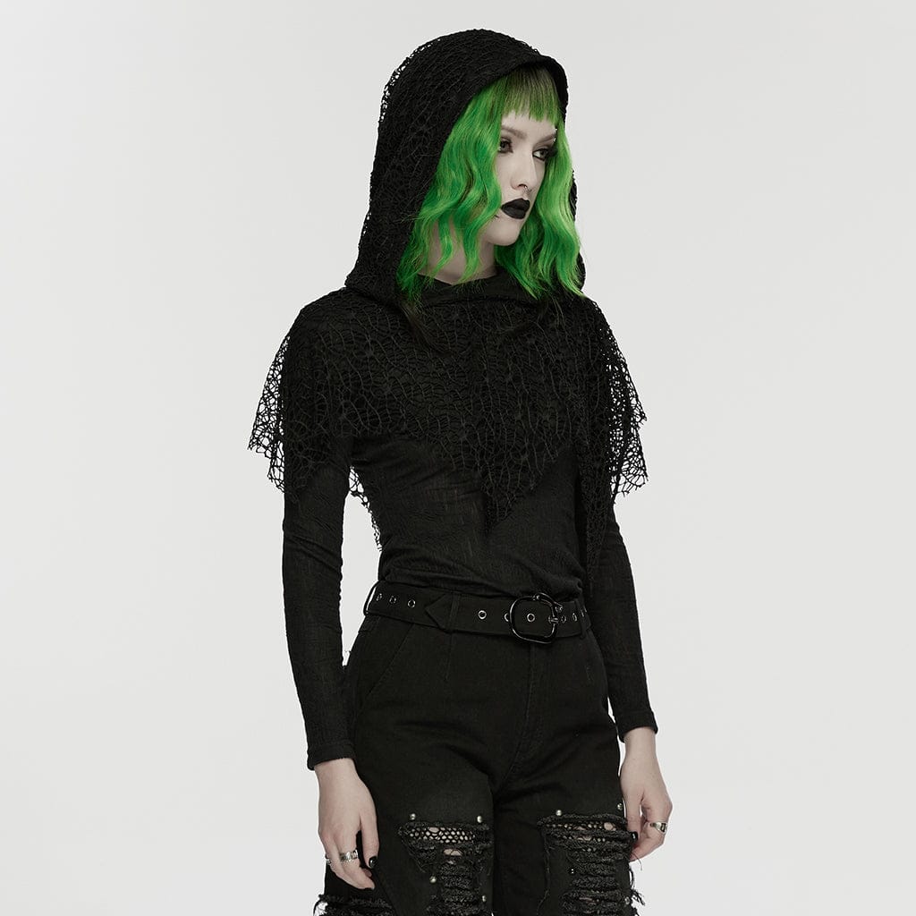 Women's Wasteland Punk Mesh Splice Hooded Long Sleeved Shirt - Image 2