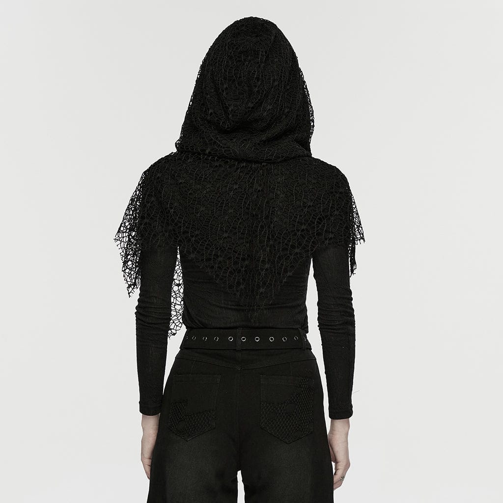 Women's Wasteland Punk Mesh Splice Hooded Long Sleeved Shirt - Image 3
