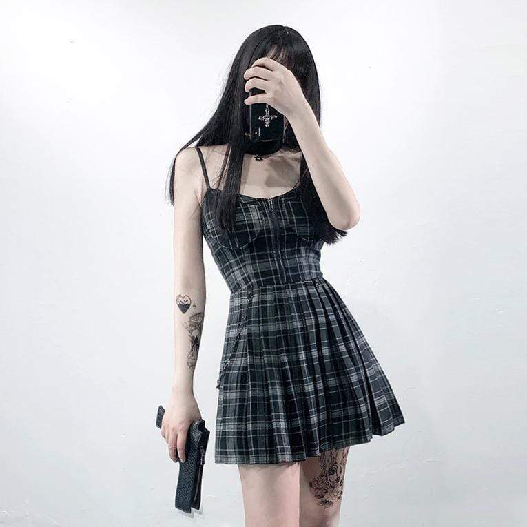 Women's Zipper Fly Chain Plaid Slip Dresses - Image 3
