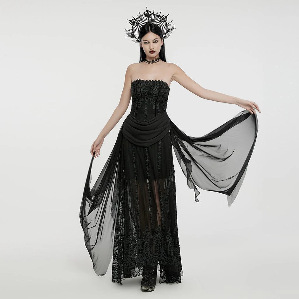 Women's Gothic Beaded Ruched Chiffon Splice Corset Dress Wedding Dress - Image 4