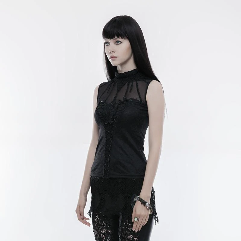 Women's Gothic Floral Jacquard Mesh Colorblock Sleeveless Tops - Image 2