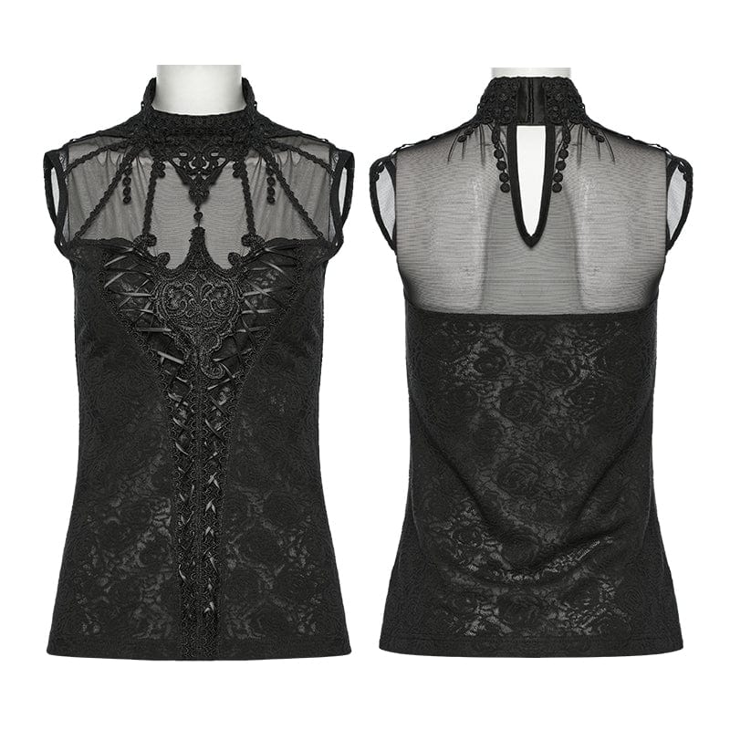 Women's Gothic Floral Jacquard Mesh Colorblock Sleeveless Tops - Image 4